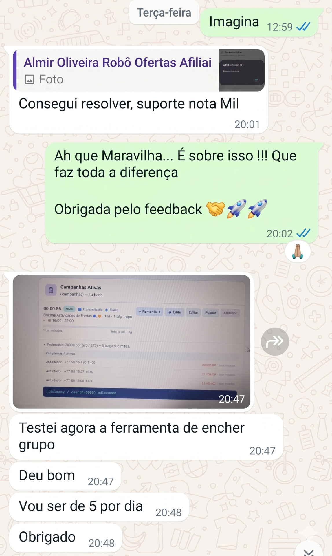 Depoimento de afiliado AfiliAI no WhatsApp